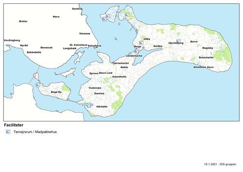 Kort der viser hvor der er tørvejrsrum og madpakkested på Møn